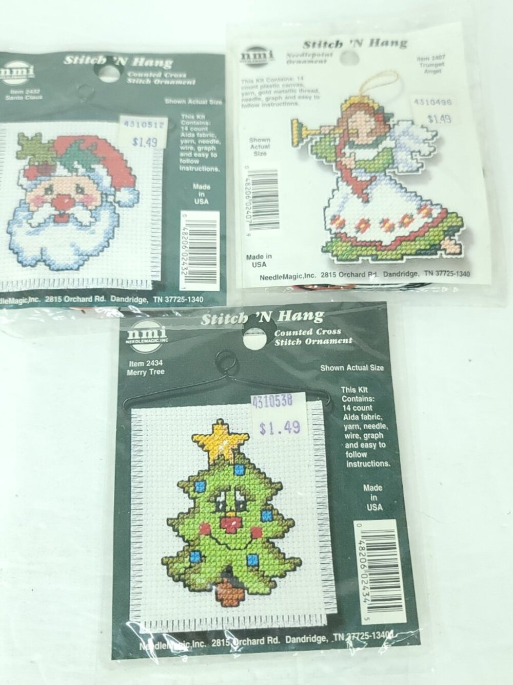 Stitch N Hang Christmas Counted Cross Stitch Kit Lot Of 3 Ornament Santa Angel